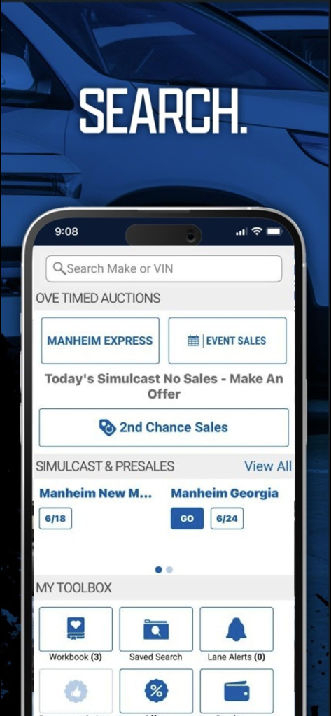 Manheim (Legacy) - Pantalla de inicio de la aplicación Manheim Legacy que muestra la barra de búsqueda y la caja de herramientas de subastas de vehículos