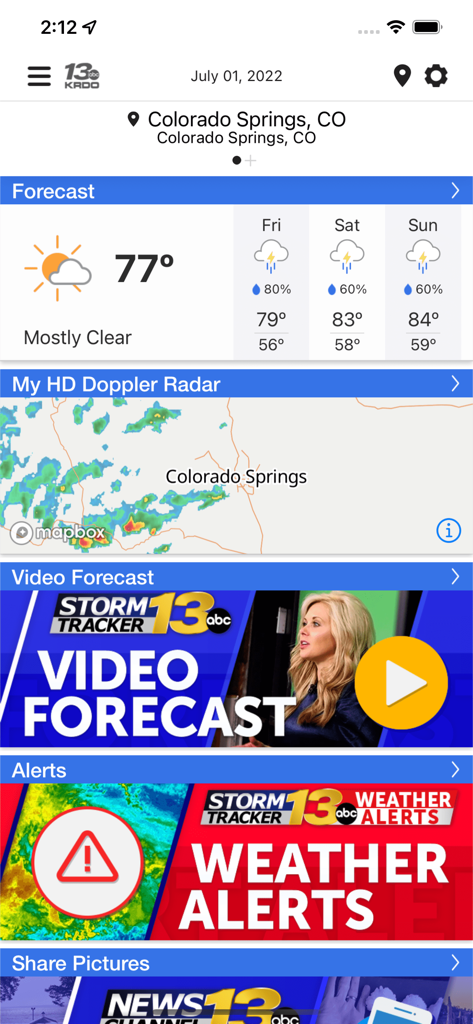 KRDO StormTracker 13 Weather - KRDO StormTracker 13 Weather app home screen showing the Colorado Springs forecast and HD Doppler radar.