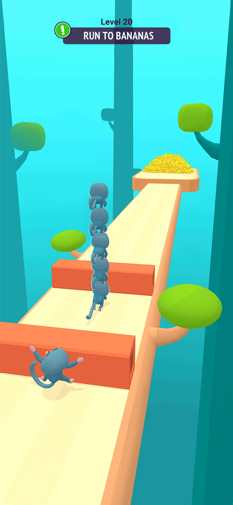 Zoo - Happy Animals - A stack of acrobatic blue monkeys running towards a pile of bananas in an obstacle course mini game