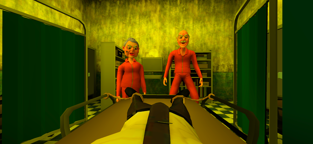 Vista en primera persona del jugador atado a una cama de hospital mientras los aterradores personajes de Grandpa y Granny se paran a los pies de la camilla.