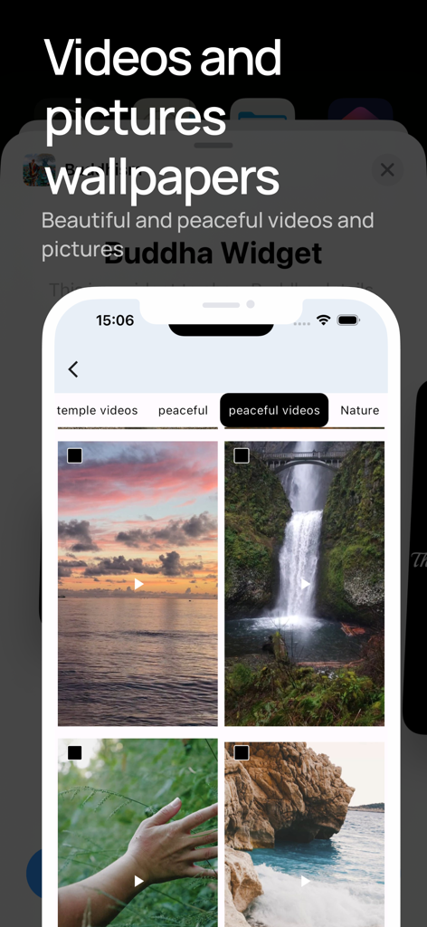 Eine mobile App-Oberfläche, die eine Galerie mit ruhigen Naturvideos für Hintergrundbilder anzeigt, einschließlich Wasserfällen und Sonnenuntergängen am Meer