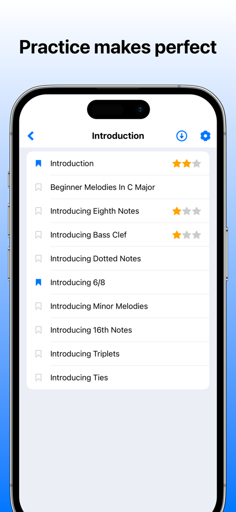 Ella: Sight Singing & Reading - Interfaz de la aplicación Ella para canto a vista que muestra un currículo de lecciones de teoría musical y lectura a vista.