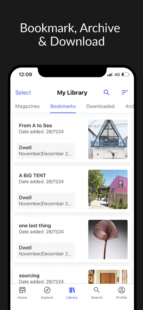 Dwell Magazine - Dwell Magazine app interface showing the My Library section with bookmarked architecture and design articles.