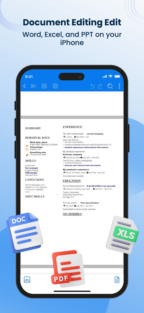 An iPhone screen displaying a resume being edited in the Office Word Editor app with DOC, PDF, and XLS file icons.