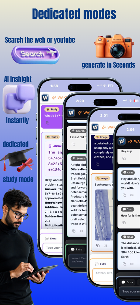 Wakti AI - Screenshots of Wakti AI mobile app interface showing dedicated modes for study, web search, image generation, and AI chat.