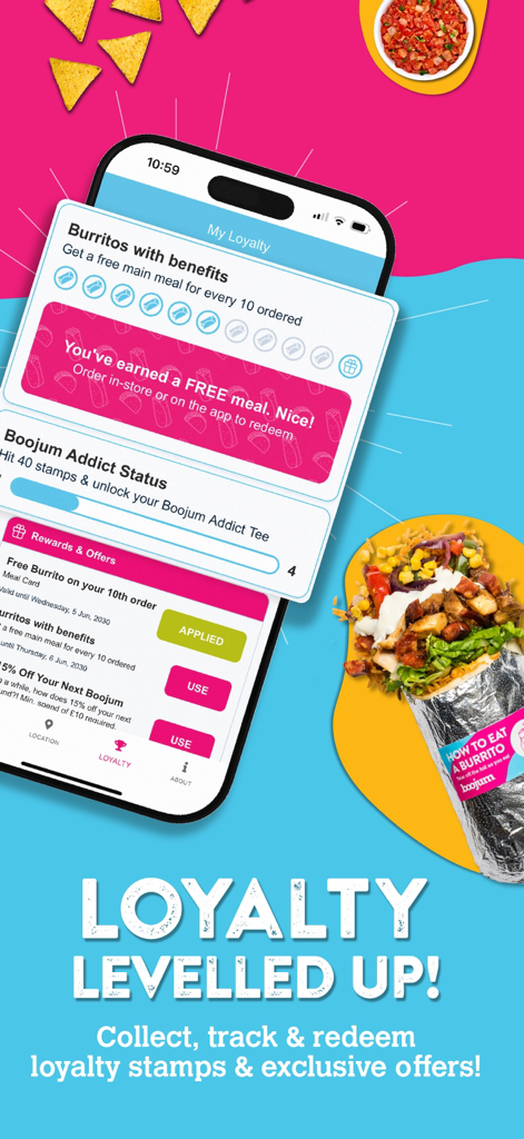 Boojum - Smartphone screen showing the Boojum app loyalty program with digital stamps and a free meal reward notification.