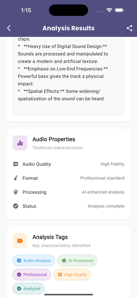 Interface de l'application mobile Earo montrant les résultats détaillés de l'analyse audio par IA, y compris les propriétés techniques et les tags d'analyse