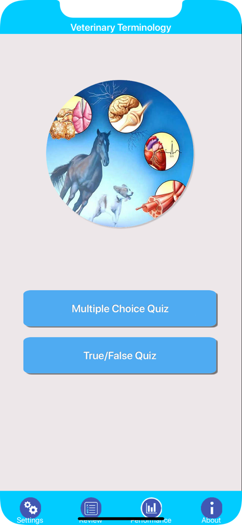 Home screen of the Veterinary Terminology Quiz app showing buttons for Multiple Choice and True or False quiz modes with anatomical animal illustrations.