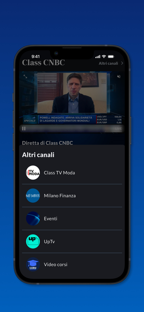 Milano Finanza - Class CNBC - Milano Finanza app interface showing a live Class CNBC video broadcast and a selection menu for other channels like Class TV Moda and UpTv.