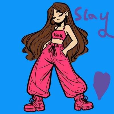 girl in baggy pants crop top and long hair