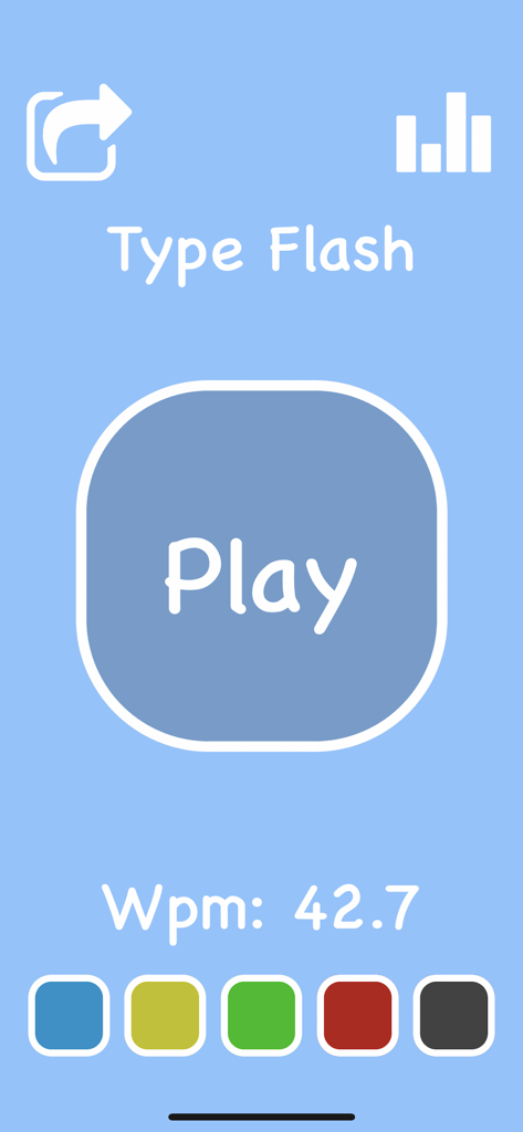 Type Flash - typing game - Main menu of the Type Flash typing game with a Play button and WPM counter