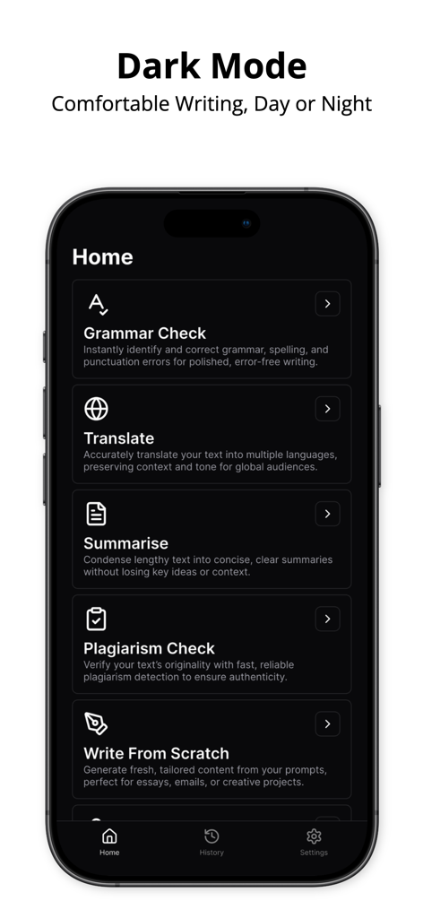 AI Writer app home screen in dark mode showing grammar check, translate, and summary tools.