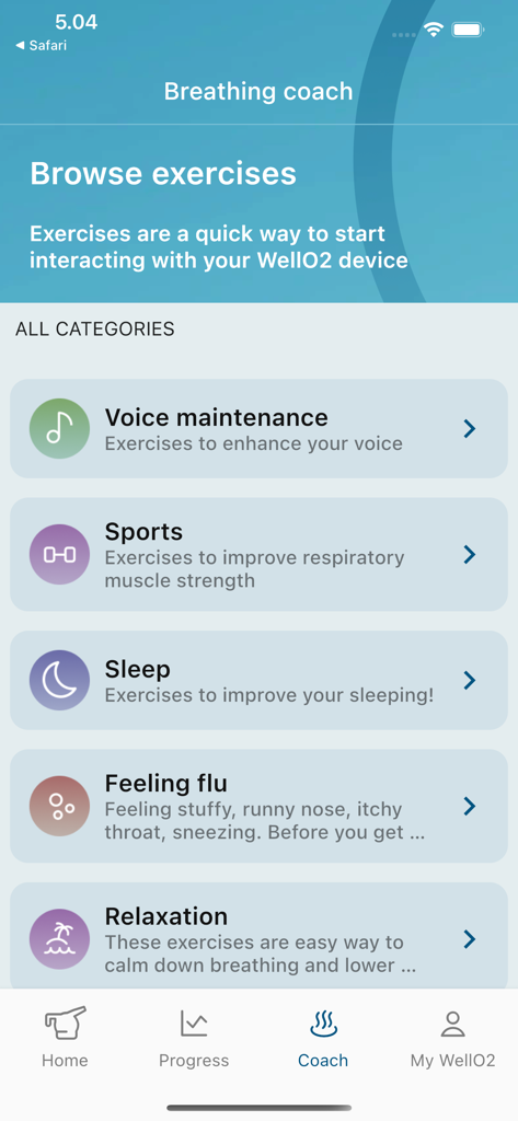 WellO2モバイルアプリの呼吸コーチ画面、スポーツや睡眠などの様々な呼吸エクササイズカテゴリーを表示