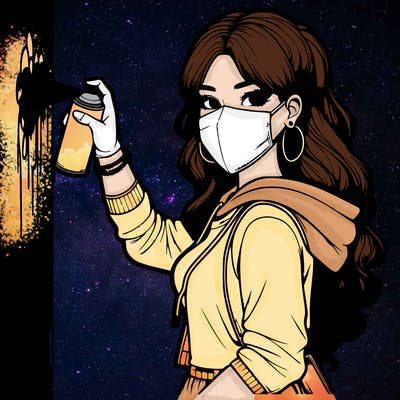 realistic girl with mask spray painting a wall