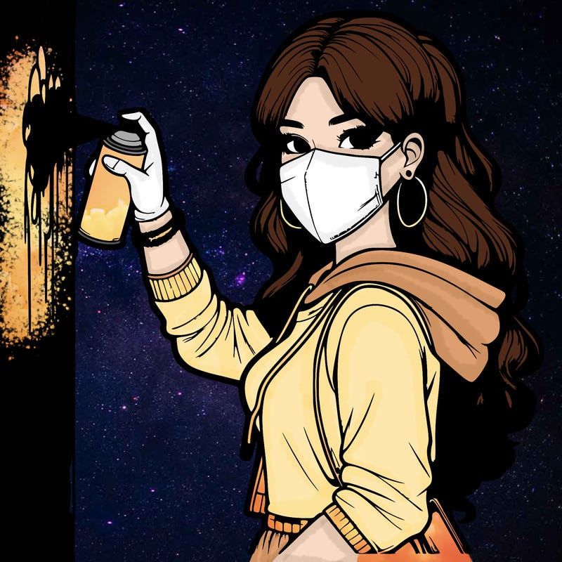 realistic girl with mask spray painting a wall