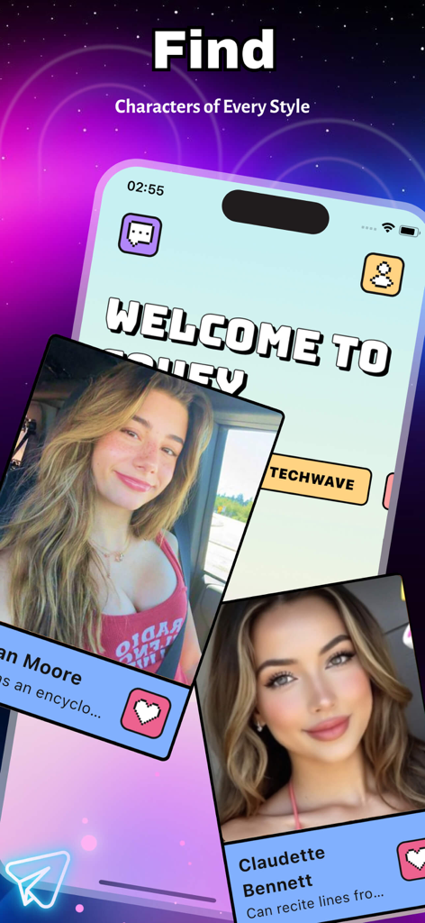 Covey app interface showing various AI character profiles for chat