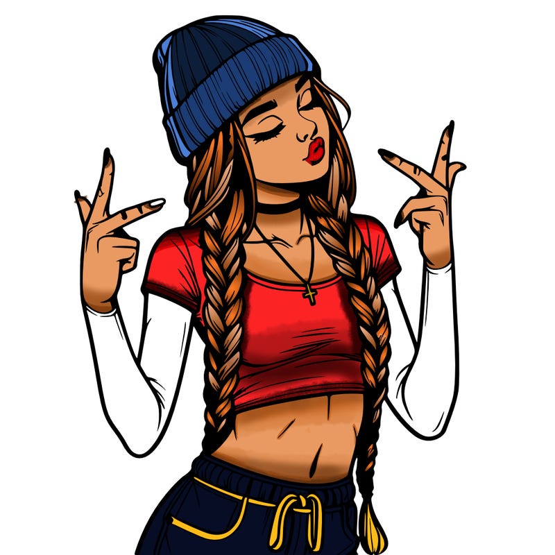 realistic teenage girl with braids and a beanie and crop top doing 🫶🏼