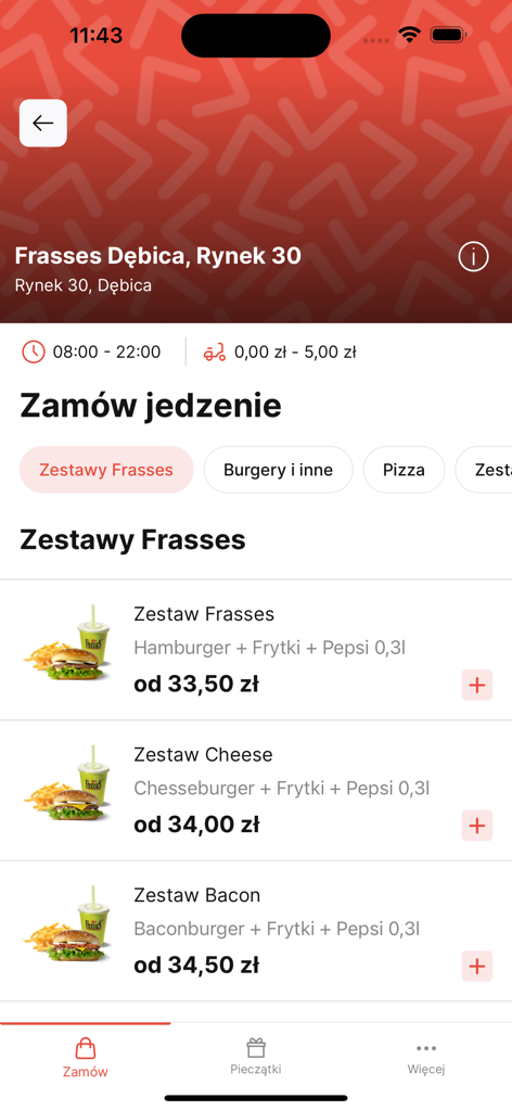 Frasses - Screenshot of the Frasses app menu displaying various burger meal sets and pricing information