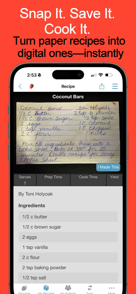 Recipe Keeper - Cook'n - Um smartphone escaneando um cartão de receita escrito à mão para criar uma lista digital no aplicativo Cookn