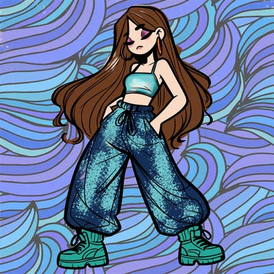 girl in baggy pants crop top and long hair