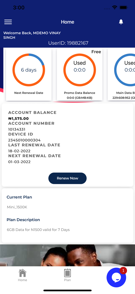 Spectranet Selfcare APP - Spectranet Selfcare app dashboard with account balance and data plan info