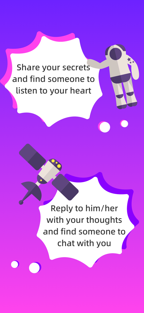 Sugar Meet & Dating Me: Secret - Illustrazione di funzionalità di condivisione segreti e chat a tema spaziale nell'app Sugar Meet.