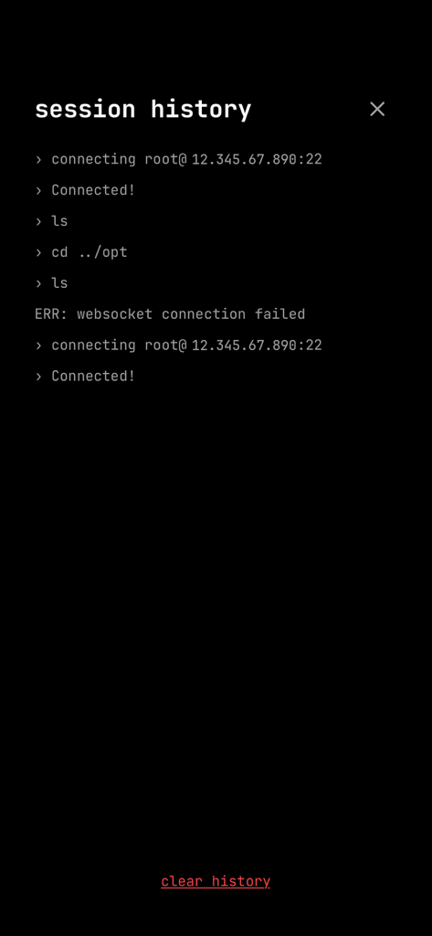 SSH Terminator - Minimalist terminal session history screen showing connection logs and commands