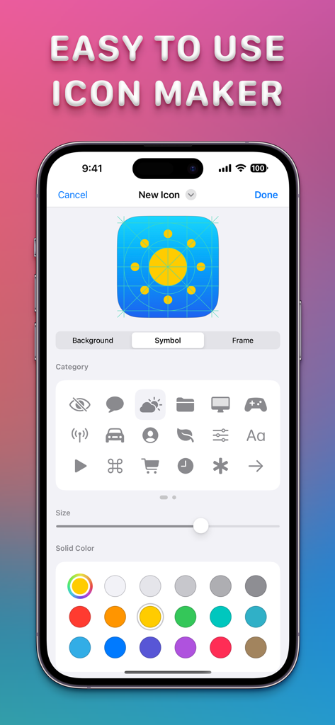 Interfaz de la aplicación Icon Changer mostrando un ícono personalizado en proceso de diseño con símbolos y colores.