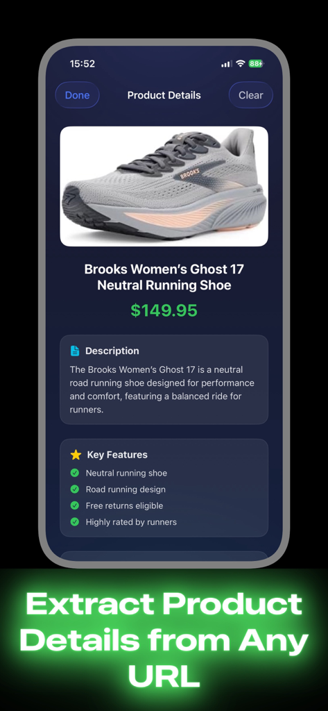 Creatify AI UGC Video Ad Maker - Tela do aplicativo móvel mostrando detalhes do produto extraídos de um URL para criação automatizada de anúncios em vídeo