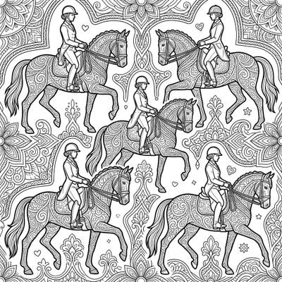 Gallop into a world of artistic relaxation with this exquisite adult coloring page featuring graceful dressage riders and their magnificent horses. Each element is adorned with intricate patterns, offering a captivating challenge for experienced colorists.