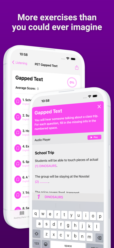 English B1 PET - Listening gapped text exercise in the English B1 PET exam preparation app.
