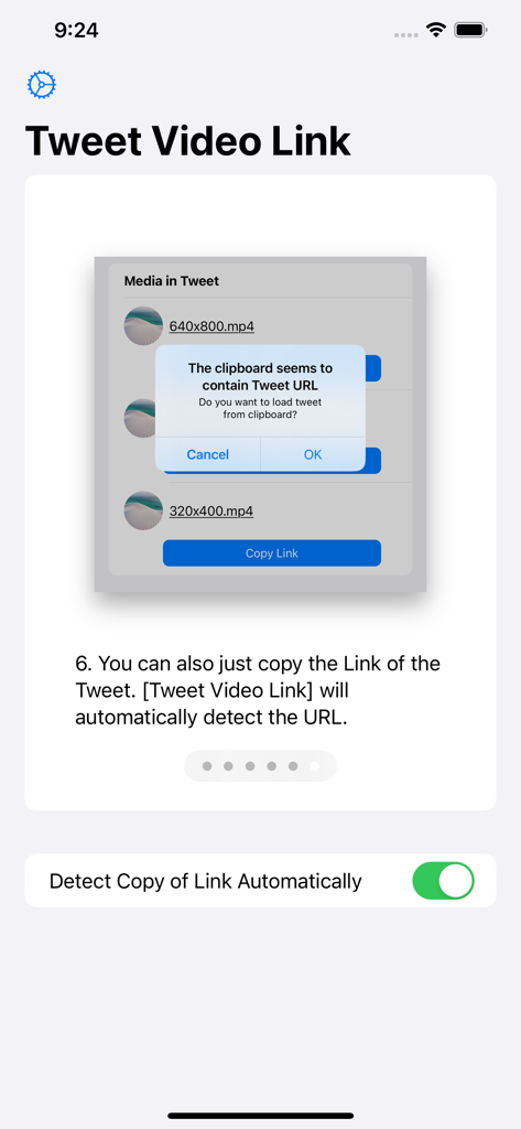 Captura de pantalla de la app Enlaces de Video para Twitter que muestra la función de detección automática de portapapeles para una URL de tweet.
