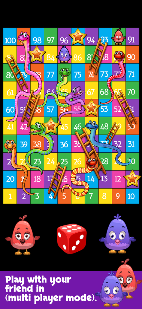 Snakes And Ladders Master - A colorful digital board of Snakes and Ladders showing the multiplayer mode with ladders, snakes, and bird-shaped player pieces.