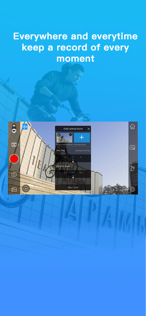 Gimbal Pro - Gimbal Proアプリのインターフェースが、モーション設定メニューが開いた状態で自転車スタントを録画している