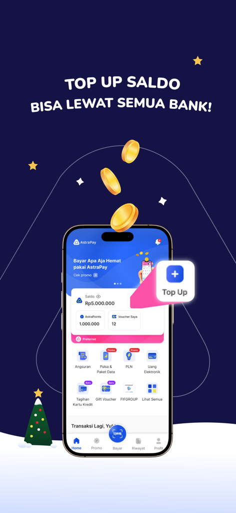 ASTRAPAY mobile app interface showing the top up balance option and various payment services