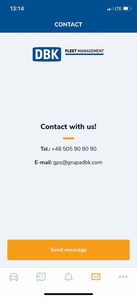 The contact screen for the DBK Fleet Management app showing phone number email address and a send message button