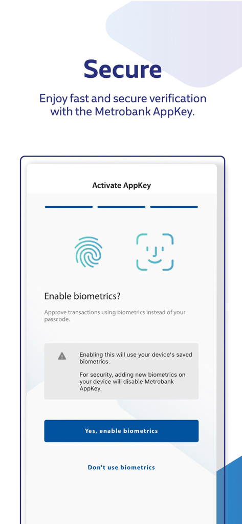 A mobile screen from the Metrobank app showing the biometrics activation page for secure transaction verification using fingerprint or facial recognition.