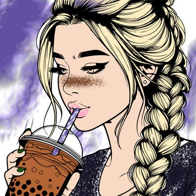 realistic girl drinking boba tea with braided hair