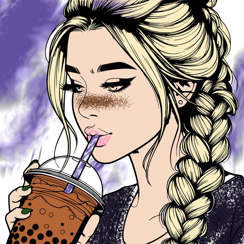 realistic girl drinking boba tea with braided hair