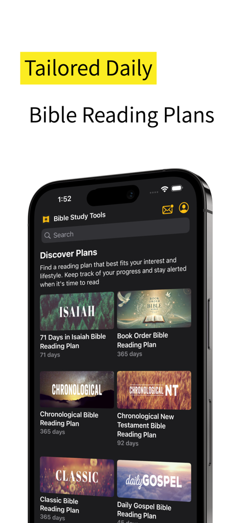 Bible Study Tools - Bible Study Tools app interface displaying a variety of tailored daily Bible reading plans.