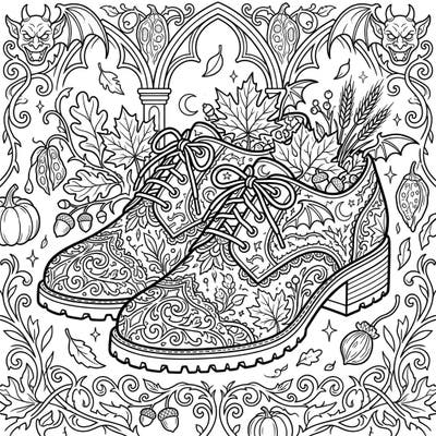 Step into a world where Victorian elegance meets the mysterious beauty of autumn with this unique Gothic Oxfords coloring page. Intricate designs on classic shoes are intertwined with fall foliage, creating a captivating scene perfect for creative expression.
