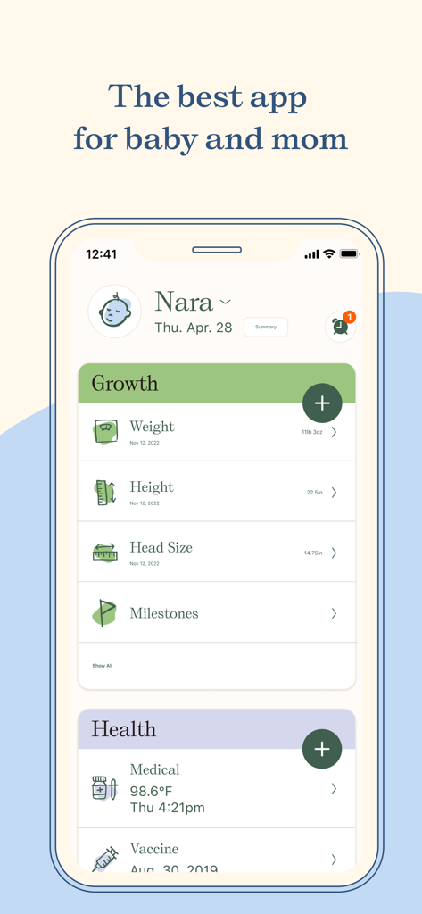 A minimalist mobile app interface for Nara Baby showing growth and health tracking sections for weight, height, and medical records