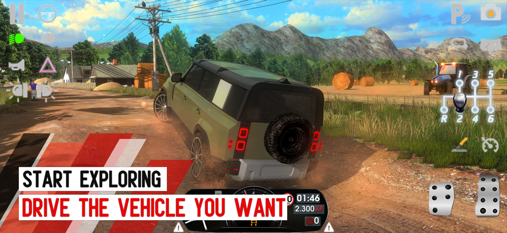 Un SUV circulando por un camino de tierra en un paisaje rural dentro del juego Driving School Simulator