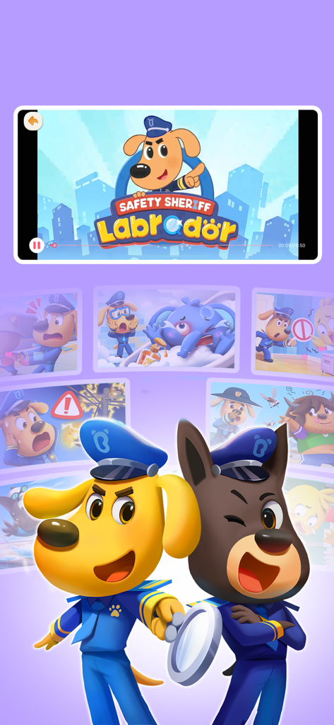 Two dog police characters from Safety Sheriff Labrador in front of educational video thumbnails in the BabyBus Kids Science app
