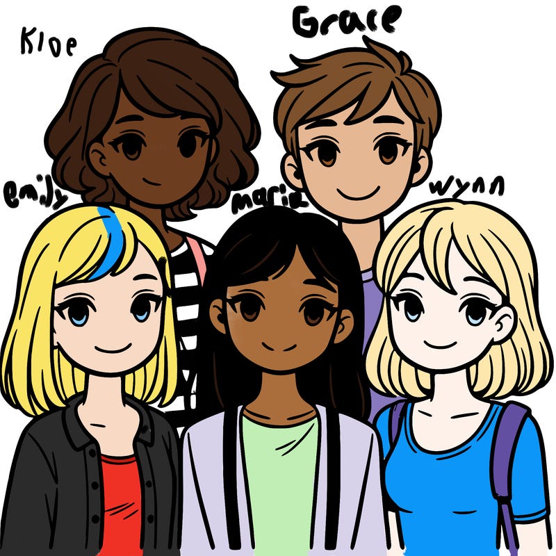 a group of friends, one boy, 2 girls with short hair, and 3 girls with medium length hair