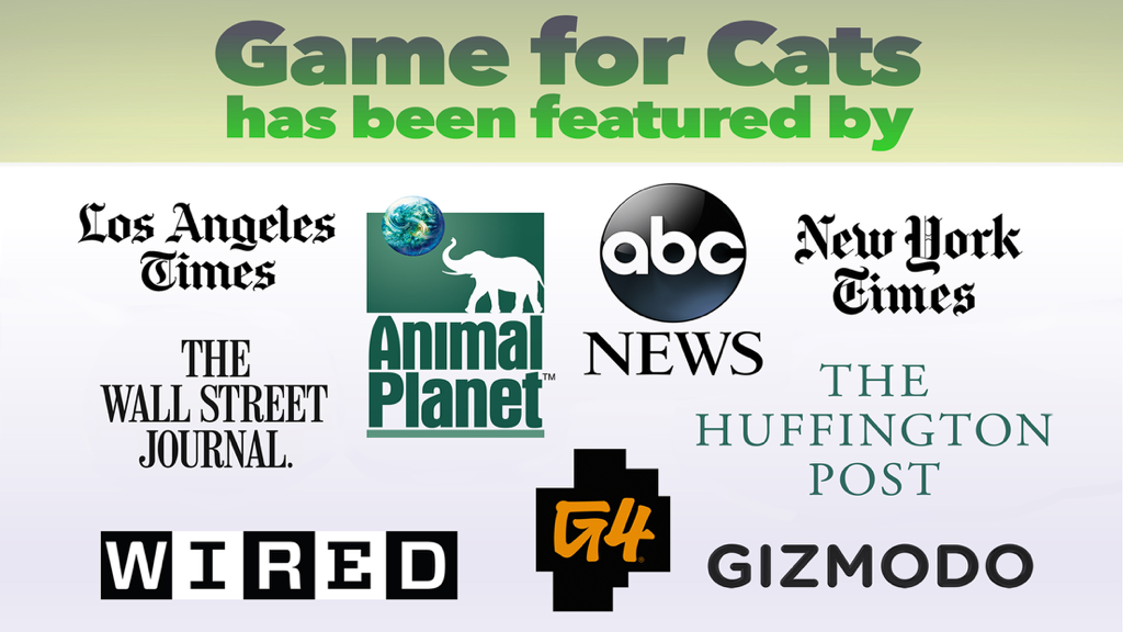A collection of logos from major media outlets like Animal Planet and New York Times that featured the Game for Cats app