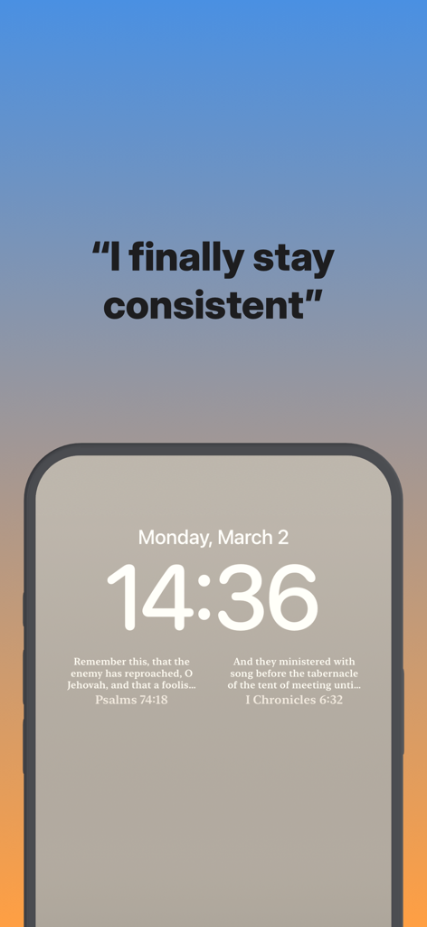 Daily Bible Verse – Bibly - Pantalla de bloqueo del iPhone mostrando widgets de versículos bíblicos diarios de la aplicación Bibly con el titular Finalmente me mantengo constante