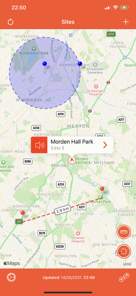 Windsock app map interface showing drone flight range and distance measurement tools