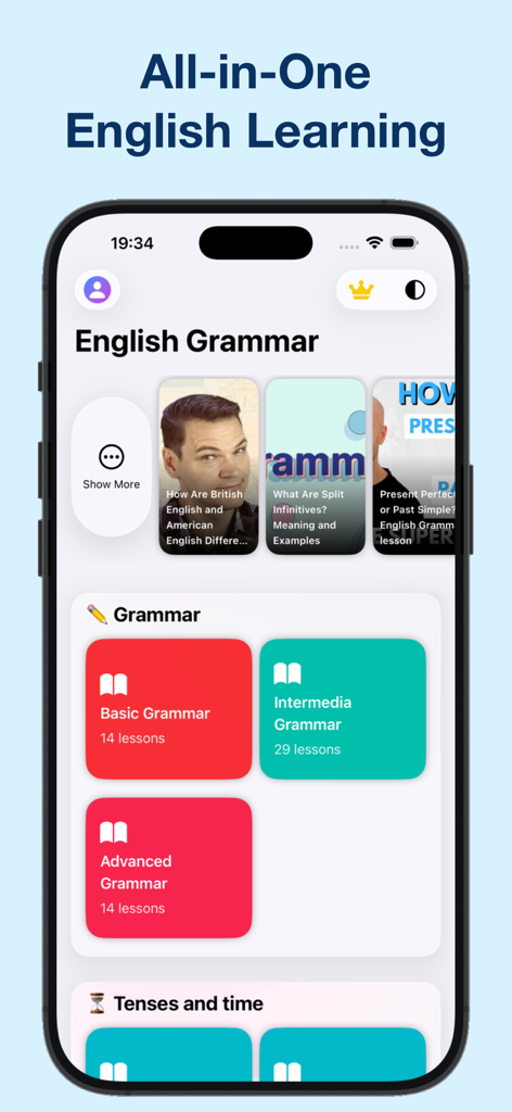 Learn English - Grammar, Vocab - Learn Englishアプリのメイン画面。基本的な中級および上級レッスンを含む文法レベルとモダンなインターフェースが表示されています。