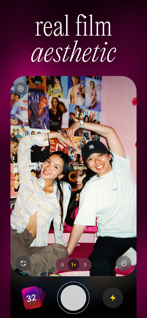 Two young women posing for a photo with a vintage film aesthetic using the Lapse disposable camera app